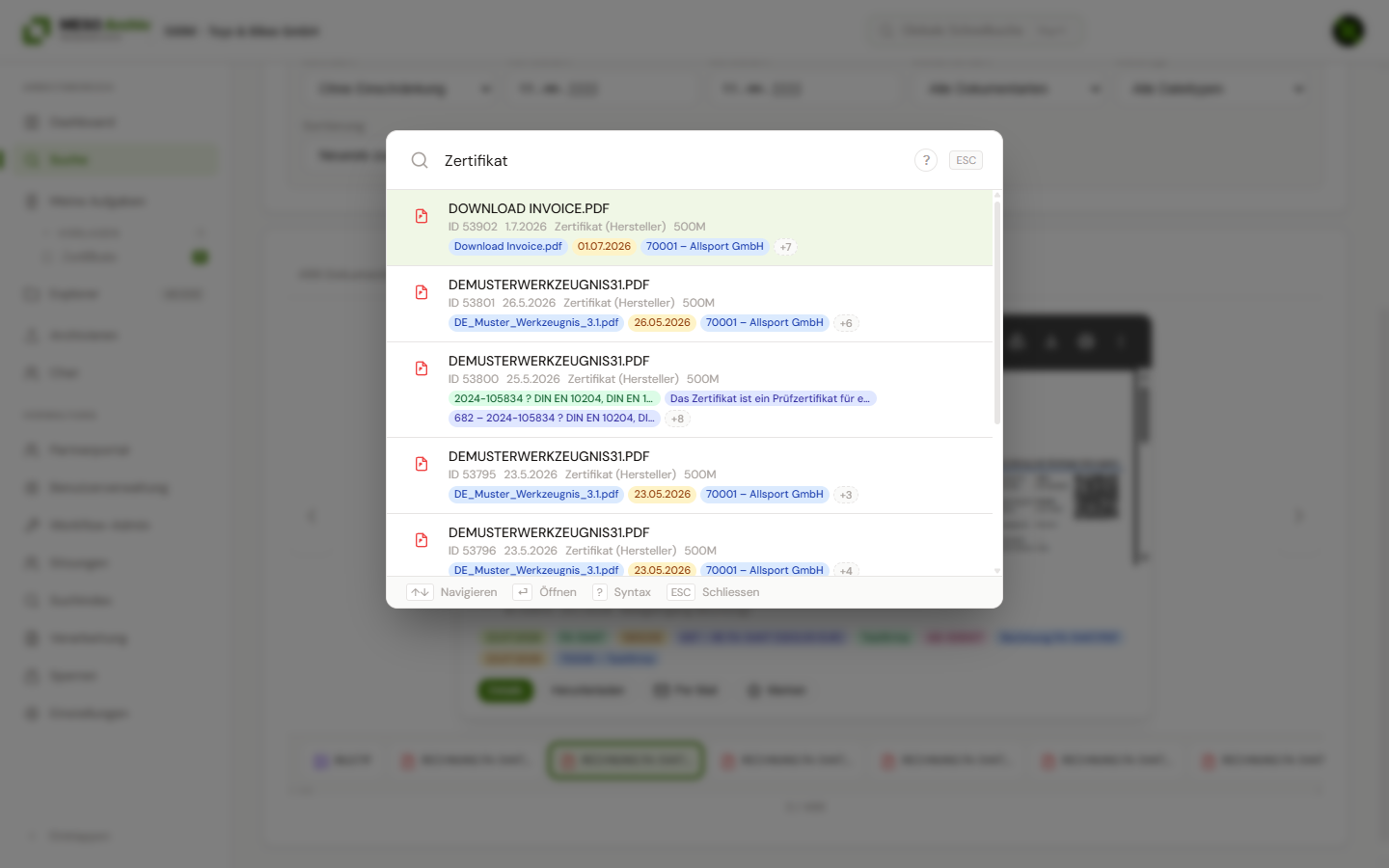 Spotlight-Overlay mit Suchbegriff und Trefferliste