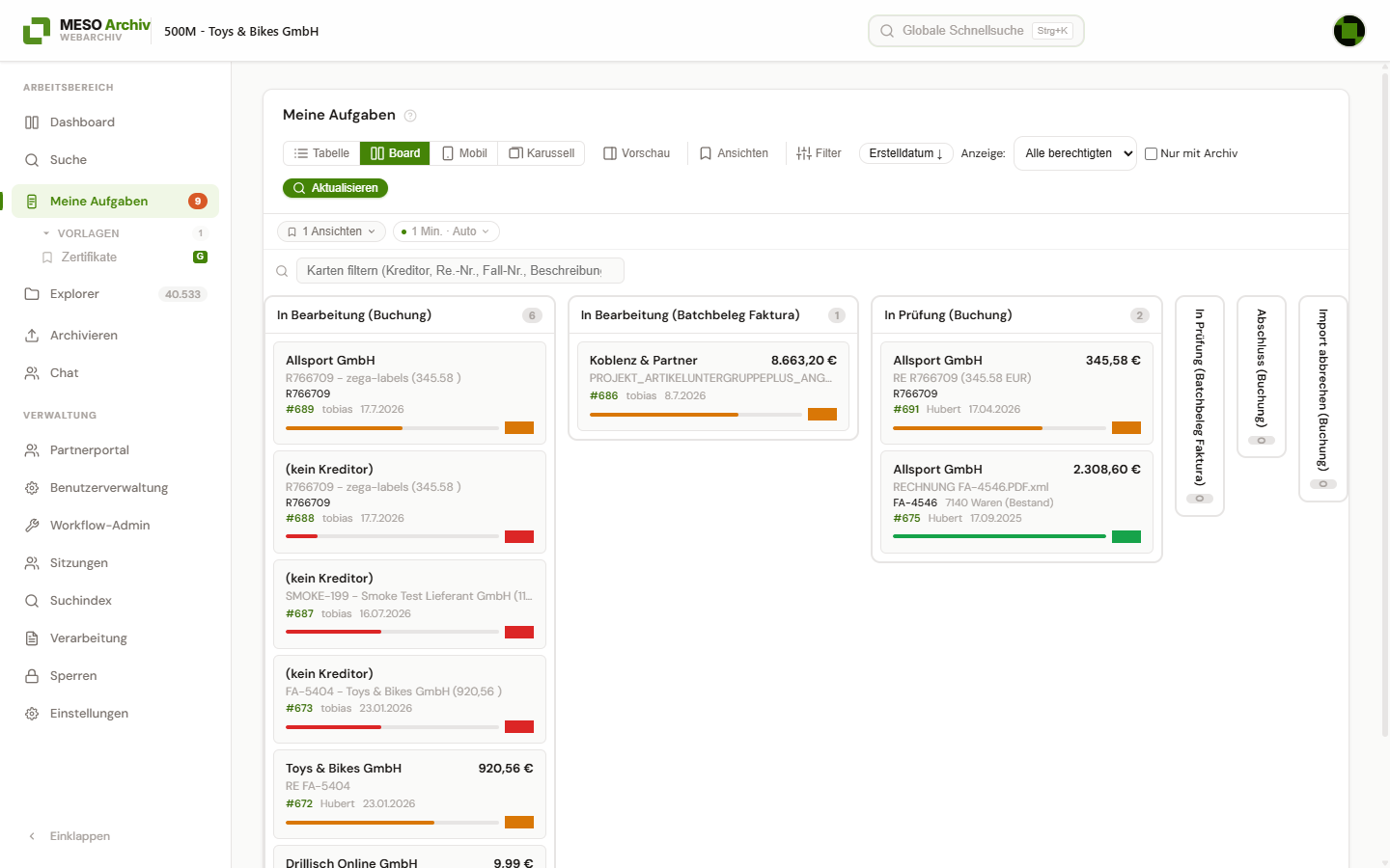 Kanban-Board mit Aufgaben in mehreren Workflow-Schritten