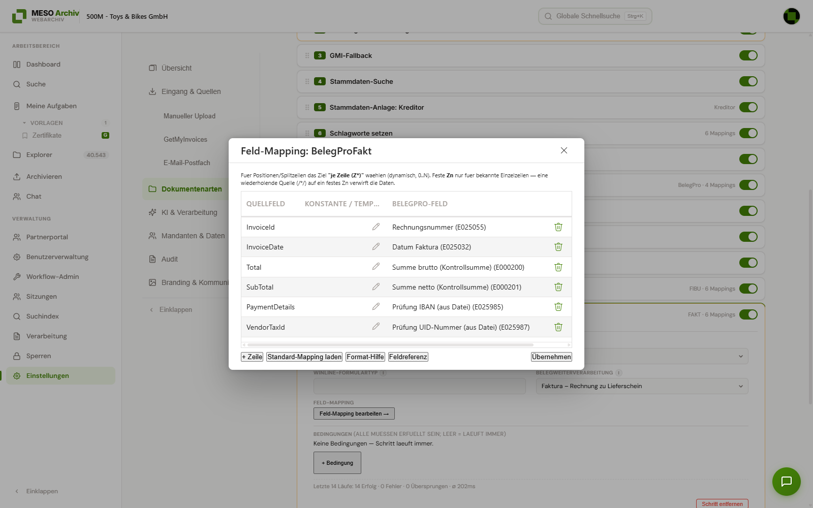 Feld-Mapping-Dialog für BelegPro FAKT mit den Belegeingang-Feldern Summe brutto/netto und Prüfung IBAN/UID-Nummer sowie den Knöpfen „Standard-Mapping laden“ und „Feldreferenz“
