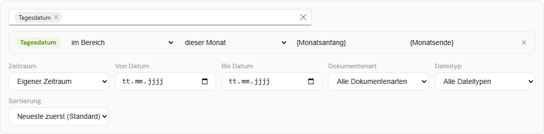 Filterkarte eines Datums-Schlagworts: Operator „im Bereich“, fertiger Zeitraum „dieser Monat“, die Felder tragen die Platzhalter Monatsanfang und Monatsende