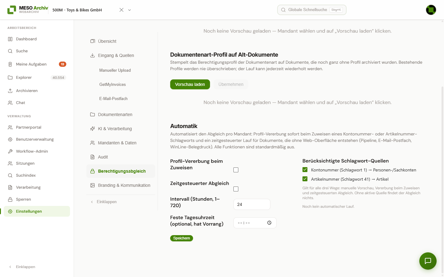 Abschnitt Automatik des Berechtigungsabgleichs: Schalter für Profil-Vererbung beim Zuweisen und zeitgesteuerten Abgleich, Intervall und feste Tagesuhrzeit, rechts die berücksichtigten Schlagwort-Quellen