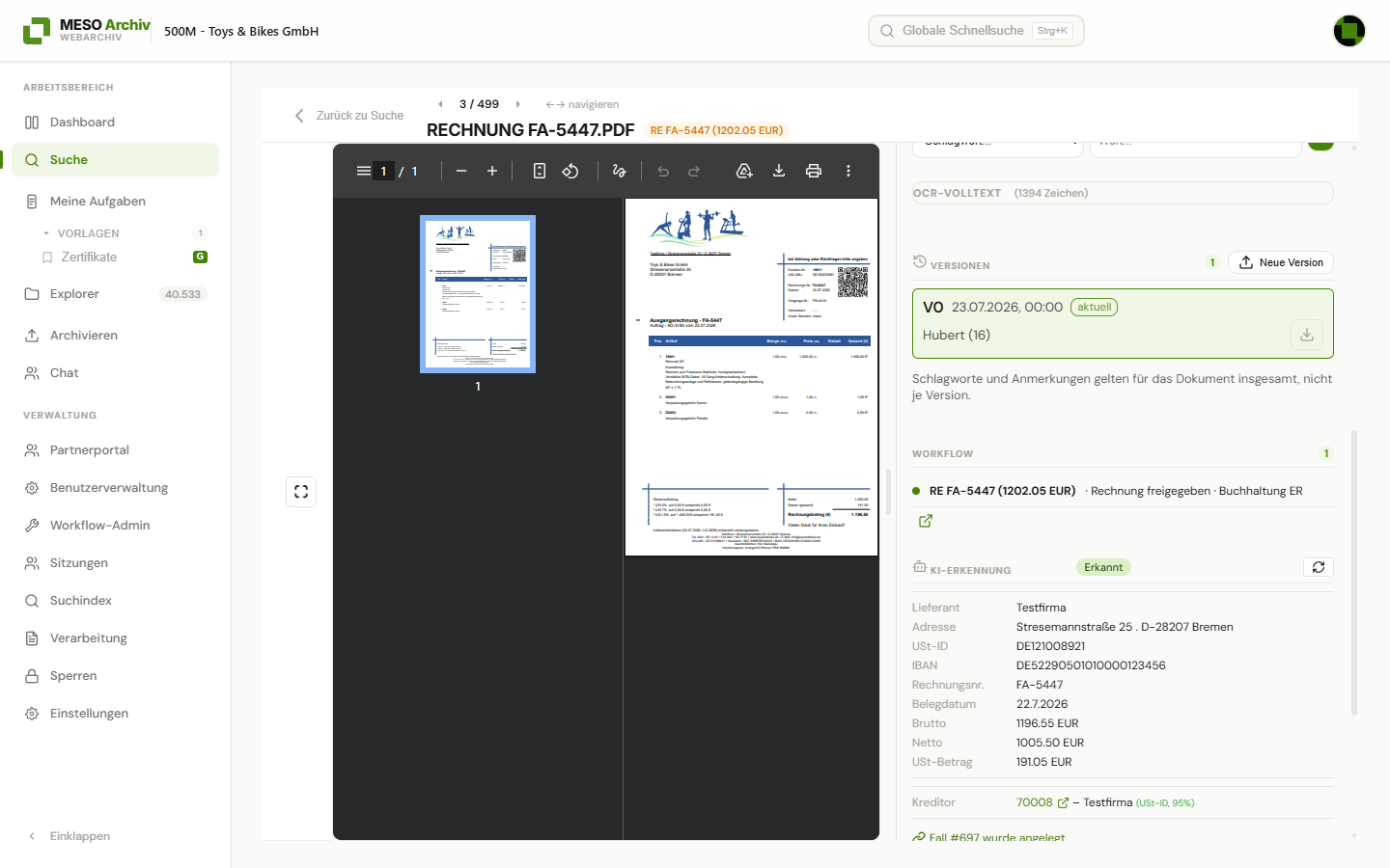 Ausgelesene Rechnungsfelder, Workflow-Status und Versionen im Dokumentdetail