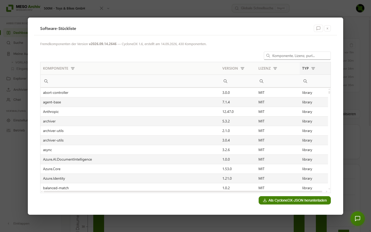 Dialog „Software-Stückliste“ mit der Tabelle der Fremdkomponenten