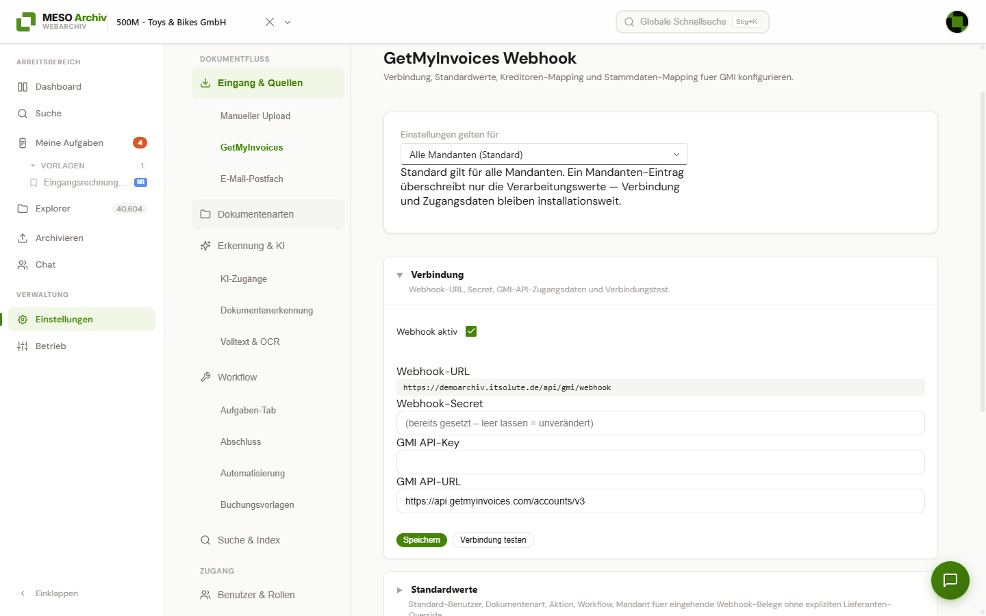 Eingangsquelle „GetMyInvoices“ mit der Auswahl „Einstellungen gelten für“, Empfangsadresse und Standardeinstellungen