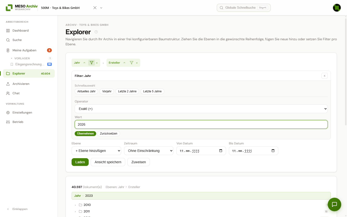 Filter-Dialog einer Explorer-Ebene mit Vergleichsauswahl und Wertfeld