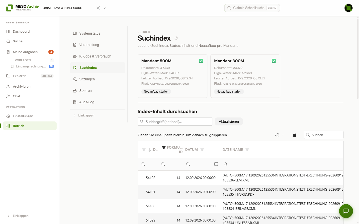Betriebsbereich „Suchindex“ mit einer Karte je Mandant (Dokumente, letzter Aufbau, „Neuaufbau starten“) und „Index-Inhalt durchsuchen“