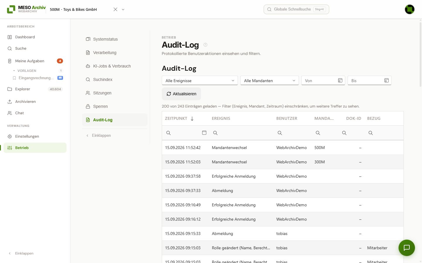 Betriebsbereich „Audit-Log“ mit Filtern für Ereignis, Mandant und Zeitraum sowie der Liste der protokollierten Ereignisse