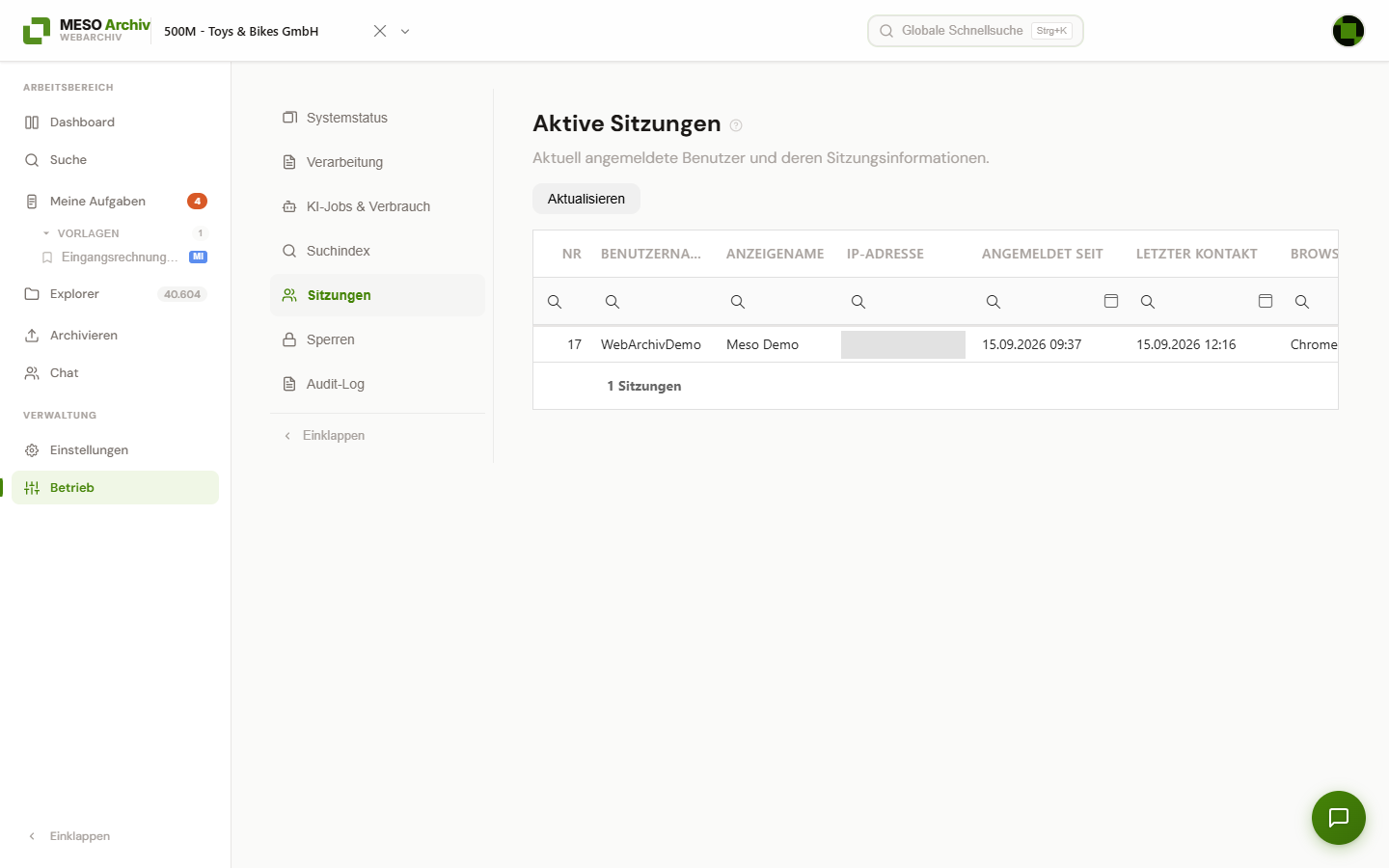 Betriebsbereich „Aktive Sitzungen“ mit der Liste der angemeldeten Benutzer (IP-Adresse unkenntlich gemacht)