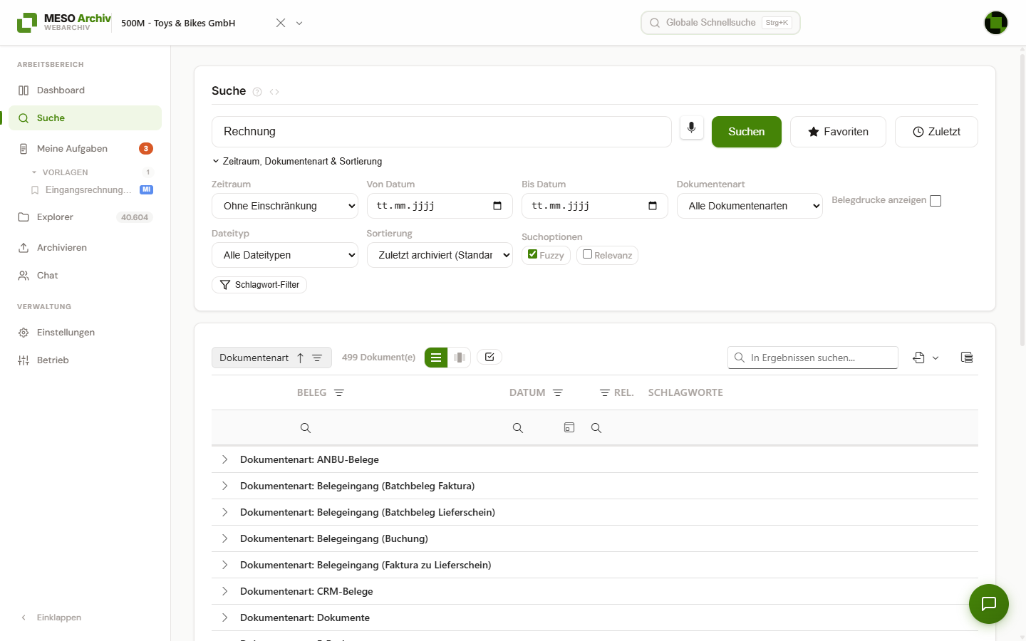 Aufgeklappte Schnelloptionen der Suche: Zeitraum, Von- und Bis-Datum, Dokumentenart, Belegdrucke anzeigen, Dateityp, Sortierung sowie die Suchoptionen „Fuzzy“ und „Relevanz“