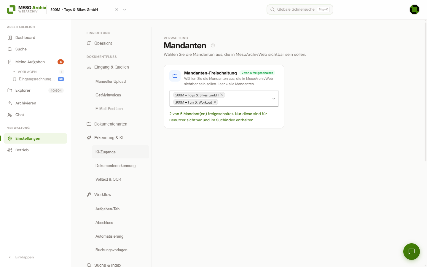 Karte „Mandanten-Freischaltung“ mit den freigeschalteten Mandanten als Auswahl-Chips