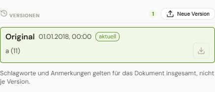 Abschnitt „Versionen“ der Detailansicht mit der Schaltfläche „Neue Version“ und dem als aktuell gekennzeichneten Original