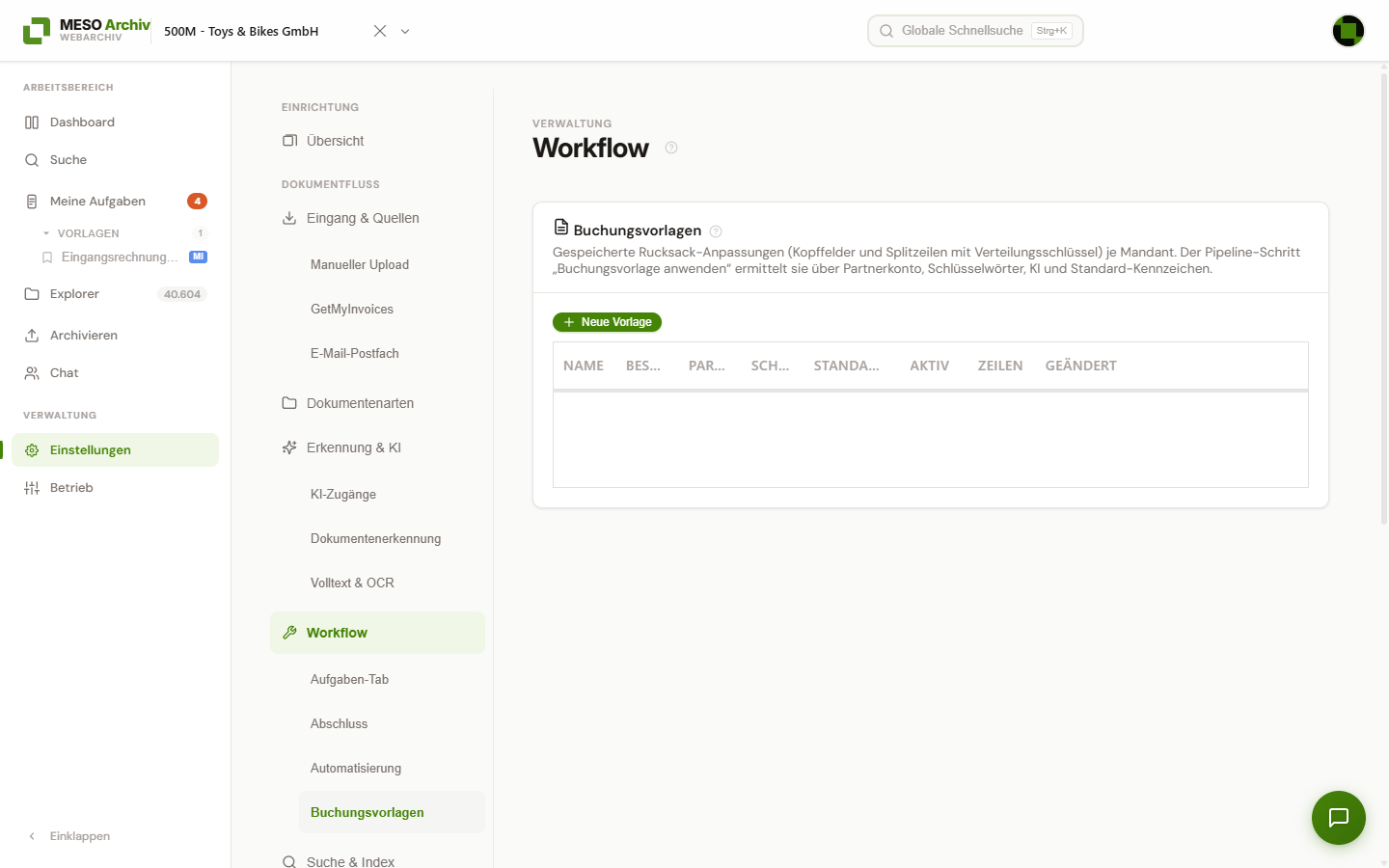Abschnitt „Buchungsvorlagen“ der Workflow-Einstellungen mit der Schaltfläche „Neue Vorlage“ und der Vorlagentabelle