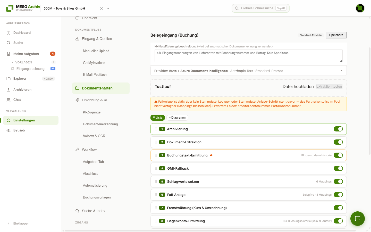 Kopf der Dokumentenart-Seite mit KI-Klassifizierungsbeschreibung, Provider-Zeile und dem Bereich „Testlauf“ mit „Datei hochladen“ und „Extraktion testen“