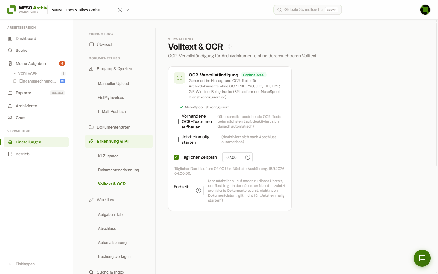 Seite „Volltext & OCR“ mit „Jetzt einmalig starten“, täglichem Zeitplan, Endzeit und Fortschritt
