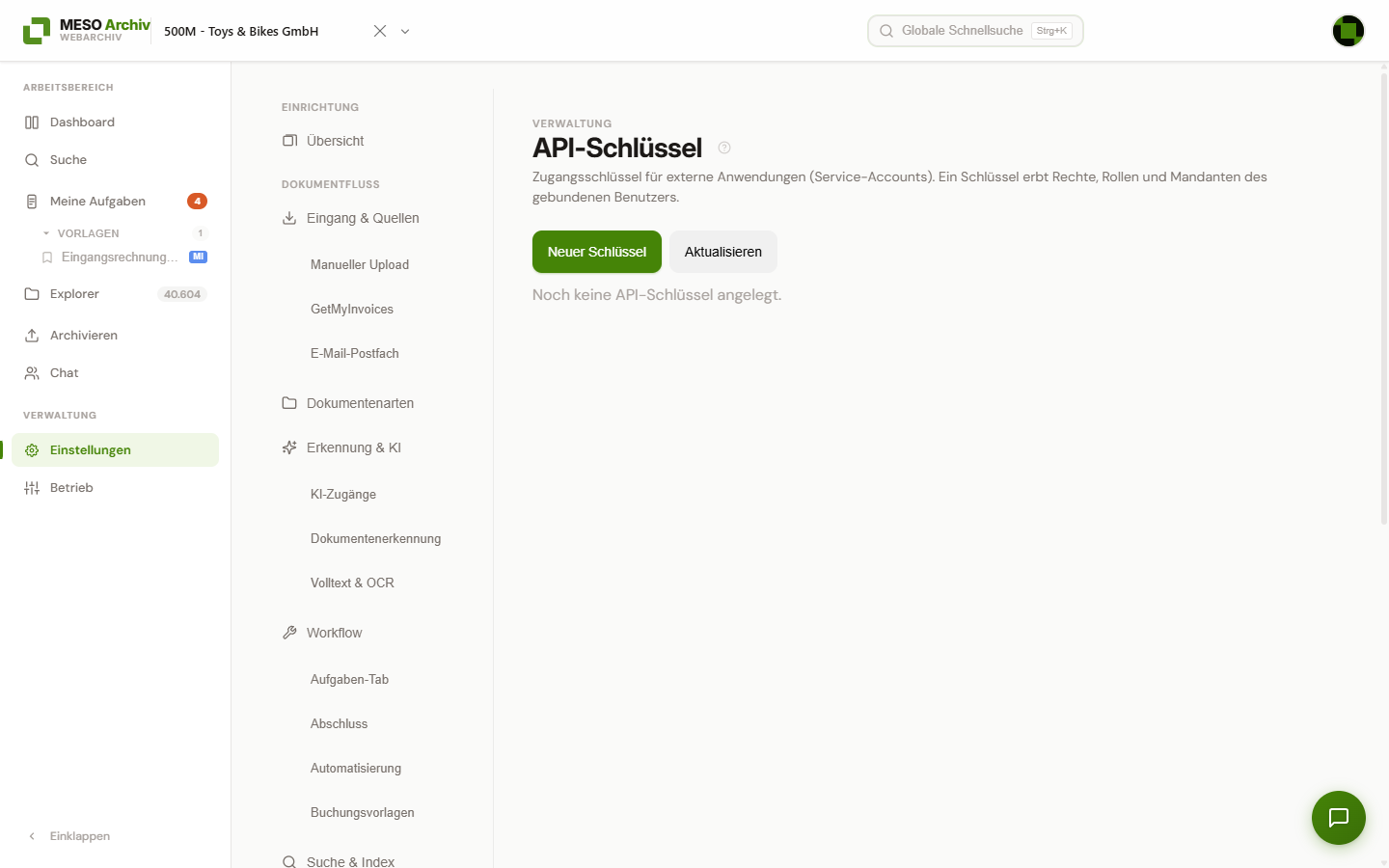 Seite „API-Schlüssel“ mit den Schaltflächen „Neuer Schlüssel“ und „Aktualisieren“