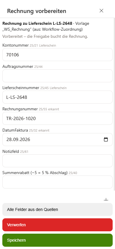Dialog „Rechnung vorbereiten“ in der mobilen Ansicht, vollflächig mit festem Fuß und den Schaltflächen „Verwerfen“ und „Speichern“