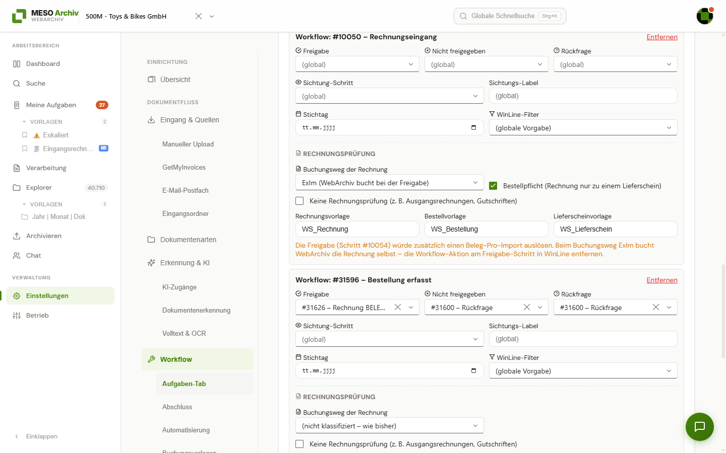 Eintrag „Workflow: #10050 – Rechnungseingang“ mit dem Abschnitt „Rechnungsprüfung“: Buchungsweg „ExIm“, aktivierter Bestellpflicht und den Vorlagen für Rechnung, Bestellung und Lieferschein