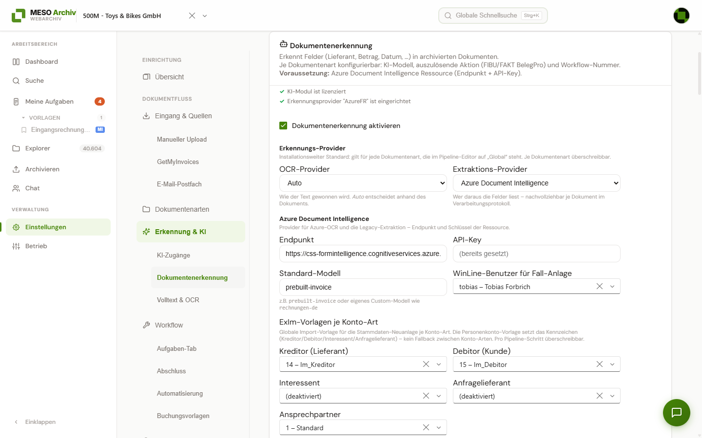 Abschnitt „Dokumenten-KI“ mit Aktivierung, Erkennungs-Provider, Azure Document Intelligence, Standard-Modell, WinLine-Benutzer und ExIm-Vorlagen je Konto-Art