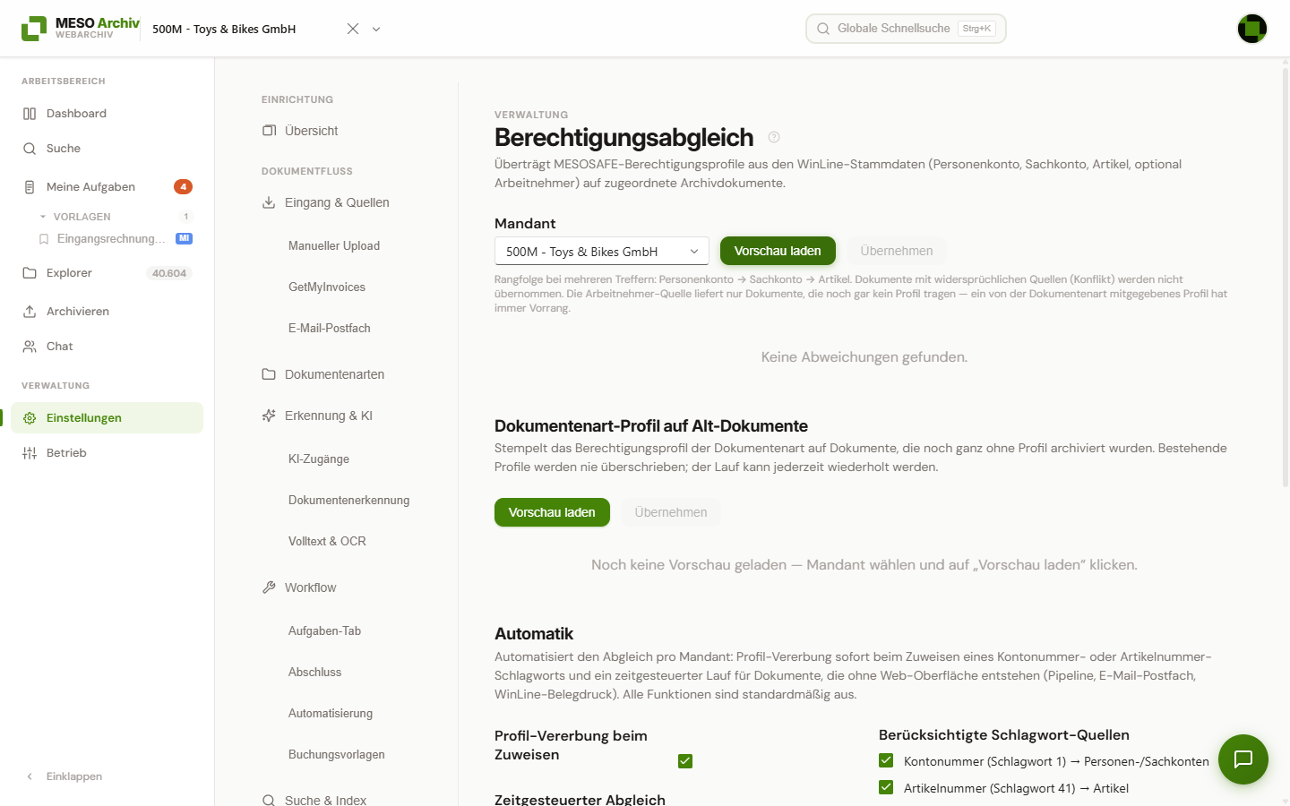 Seite „Berechtigungsabgleich“ mit Mandantenauswahl, „Vorschau laden“ und „Übernehmen“; die Vorschau meldet hier „Keine Abweichungen gefunden.“