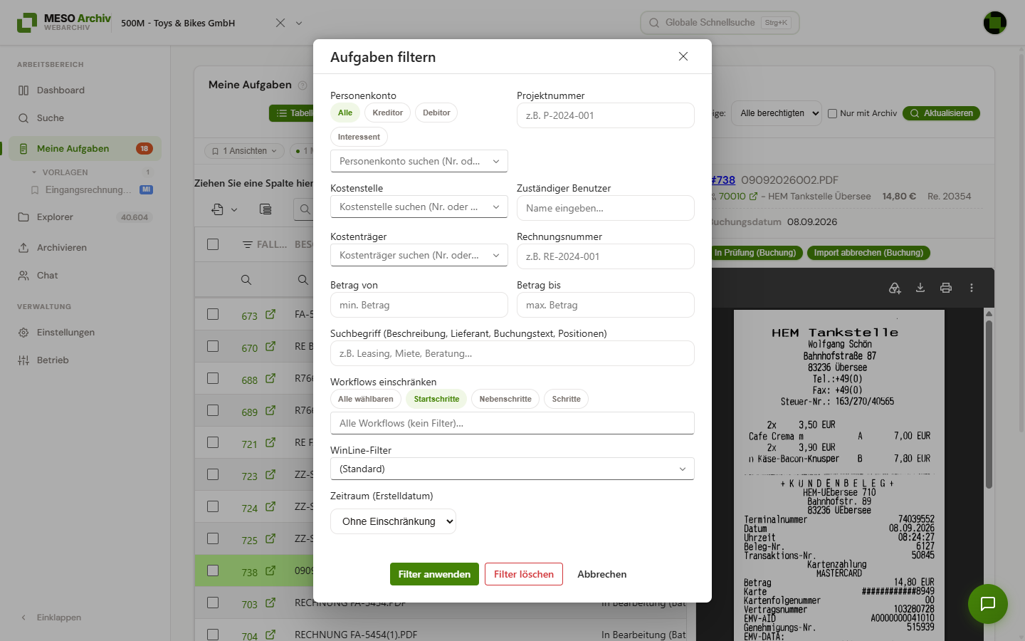 Dialog „Aufgaben filtern“ mit Personenkonto, Projektnummer, Kostenstelle, Kostenträger, Rechnungsnummer, Betrag, Suchbegriff, Workflows, WinLine-Filter und Zeitraum