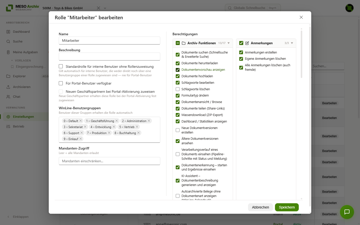 Dialog „Rolle ‚Mitarbeiter‘ bearbeiten“ mit Name, Standardrollen- und Portal-Optionen, WinLine-Benutzergruppen, Mandanten-Zugriff und den nach Kategorien gruppierten Berechtigungen
