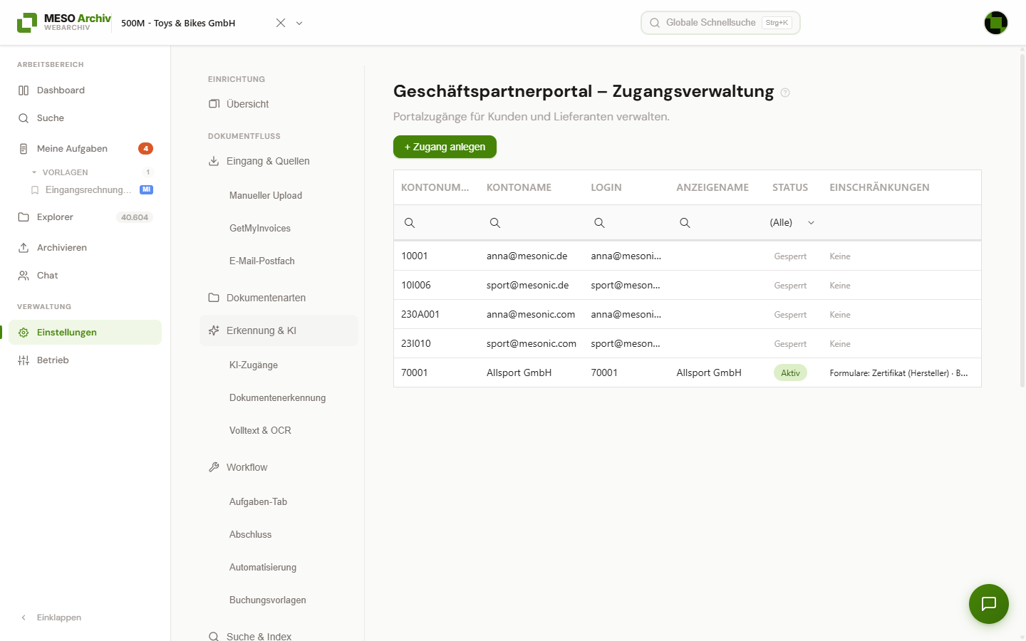 Seite „Geschäftspartnerportal – Zugangsverwaltung“ mit der Liste der Portalzugänge und der Schaltfläche „+ Zugang anlegen“