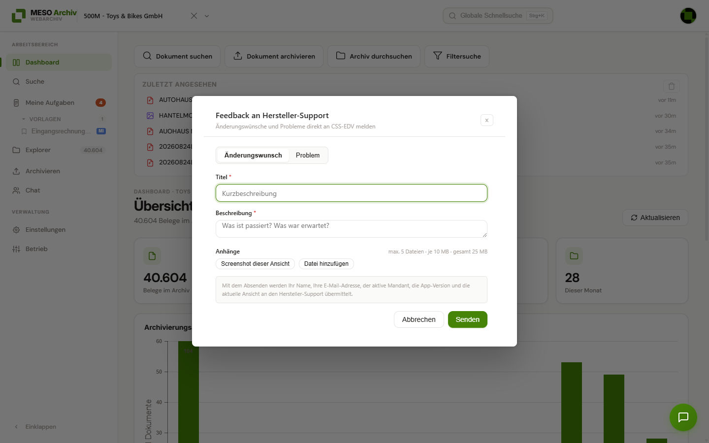Formular „Feedback an Hersteller-Support“ mit den Registerkarten „Änderungswunsch“ und „Problem“, Titel, Beschreibung und Anhängen