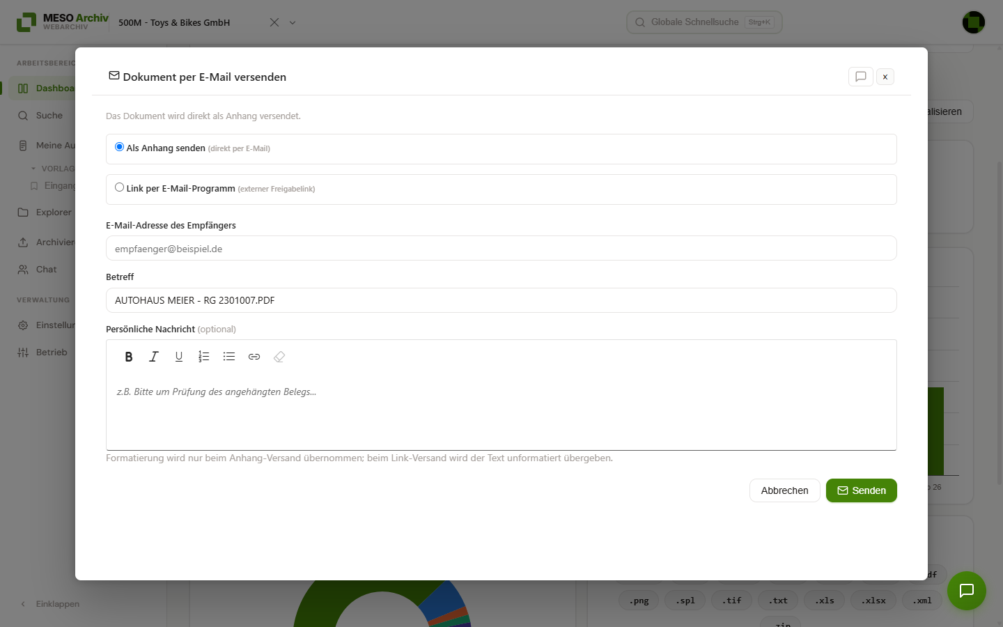 Dialog „Dokument per E-Mail versenden“ mit den Optionen „Als Anhang senden“ und „Link per E-Mail-Programm“, Empfängeradresse und Betreff
