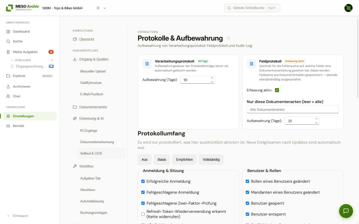 Seite „Protokolle & Aufbewahrung“ mit den Karten „Verarbeitungsprotokoll“ und „Feldprotokoll“ sowie dem Abschnitt „Protokollumfang“ mit den Voreinstellungen Aus, Basis, Empfohlen und Vollständig