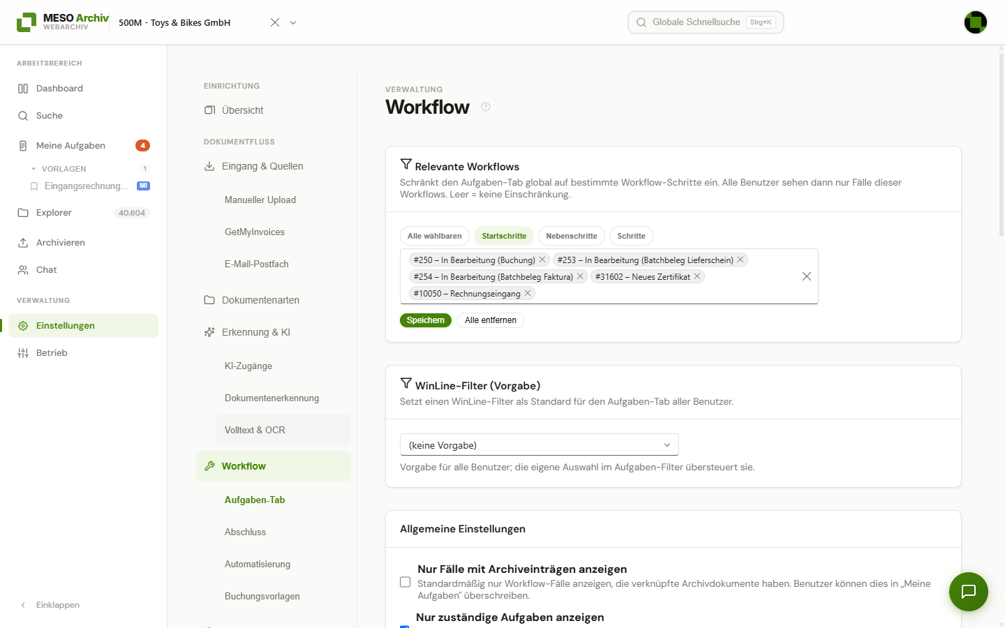 Bereich „Aufgaben-Tab“ der Workflow-Einstellungen mit „Relevante Workflows“, „WinLine-Filter (Vorgabe)“ und „Allgemeine Einstellungen“