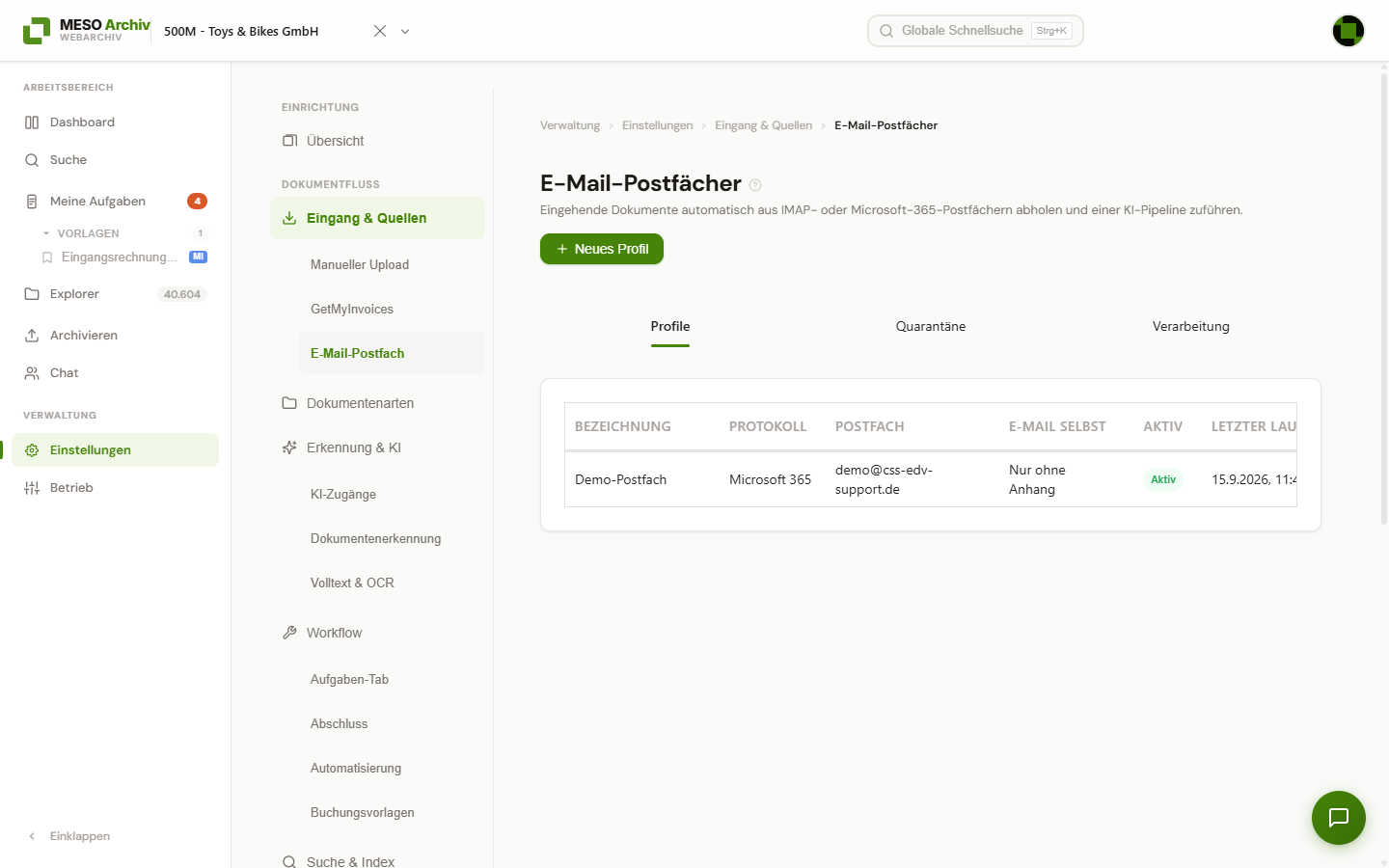 Eingangsquelle „E-Mail-Postfach“ mit den Bereichen Profile, Quarantäne und Verarbeitung