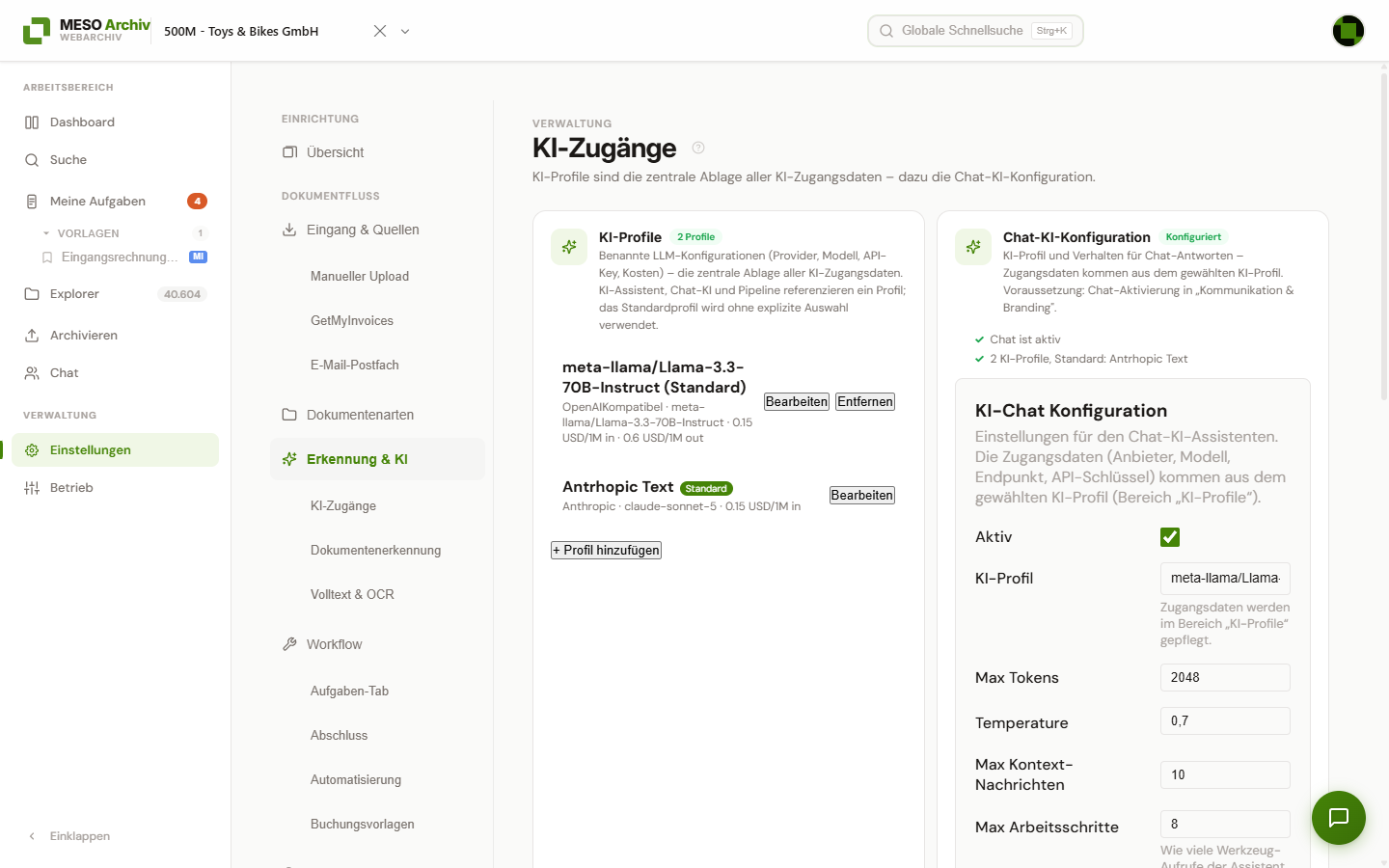 Seite „KI-Zugänge“ mit der Karte „KI-Profile“ (zwei Profile, Standardkennzeichen, „+ Profil hinzufügen“) und der Karte „Chat-KI-Konfiguration“