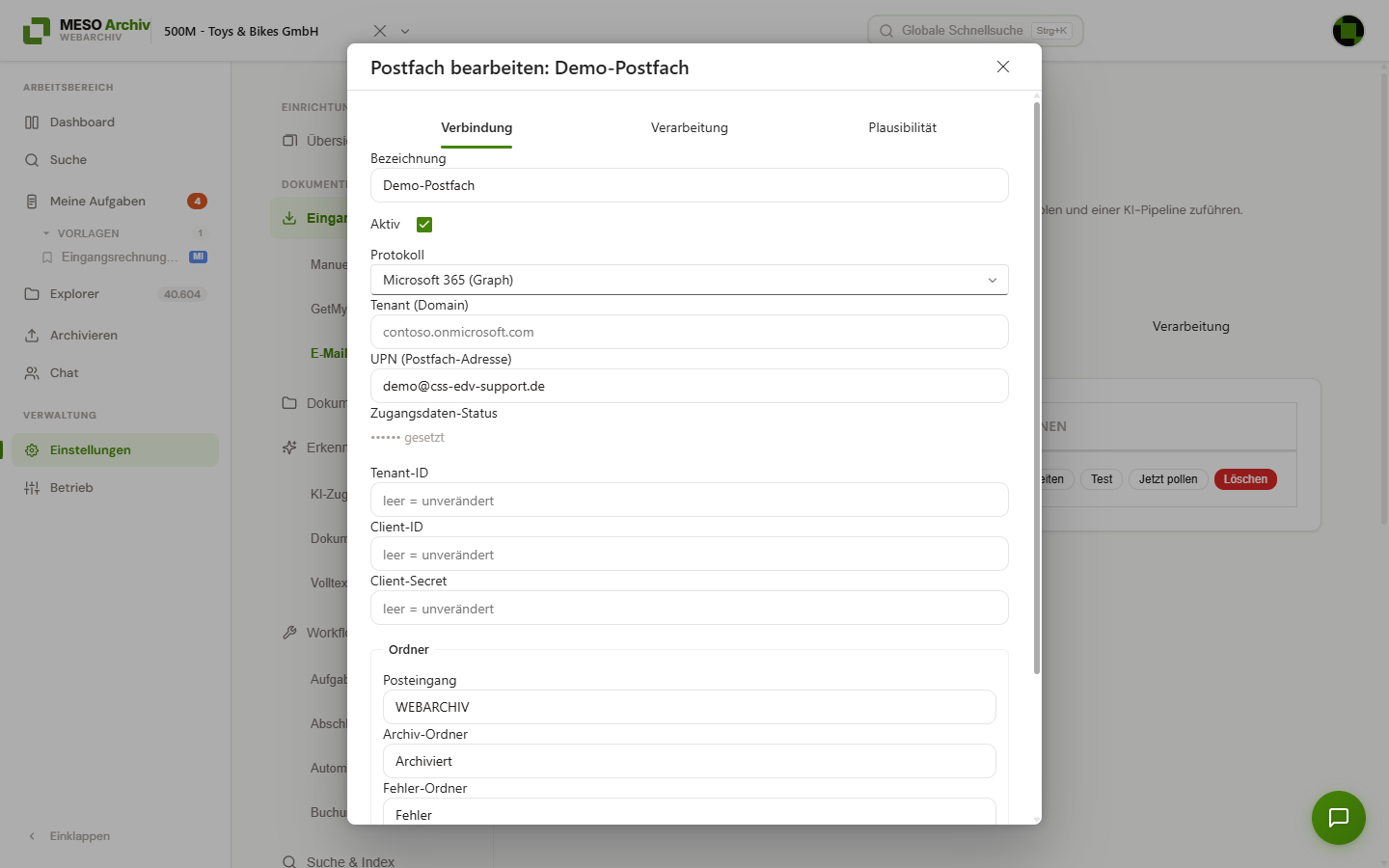 Editor eines Postfach-Profils, Registerkarte „Verbindung“ mit Protokoll, Server und Zugangsdaten