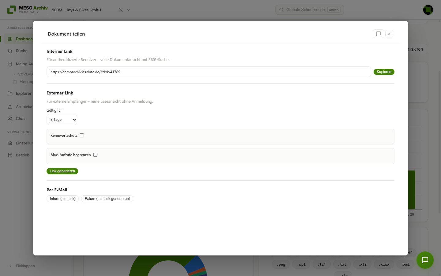 Dialog „Dokument teilen“ mit internem Link, externem Link (Gültigkeit, Kennwortschutz, Aufrufbegrenzung) und dem Versand per E-Mail