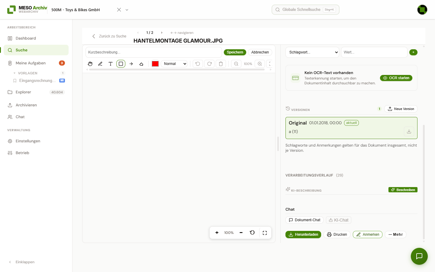 Anmerkungs-Editor über der Dokumentvorschau mit Werkzeugleiste und Beschreibungsfeld
